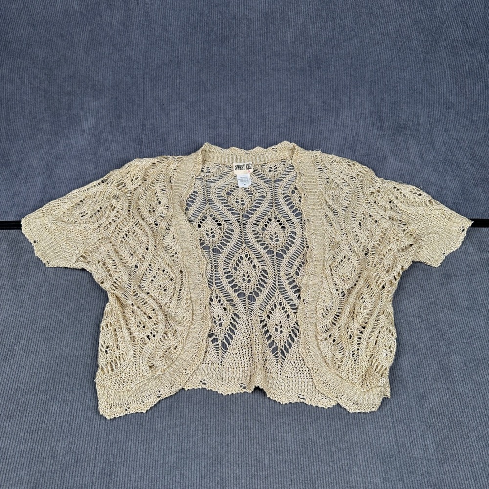 Sweet Kizz Gold y2k Metallic Lurex Crochet Shrug Cardigan Short Sleeve Bolero XL